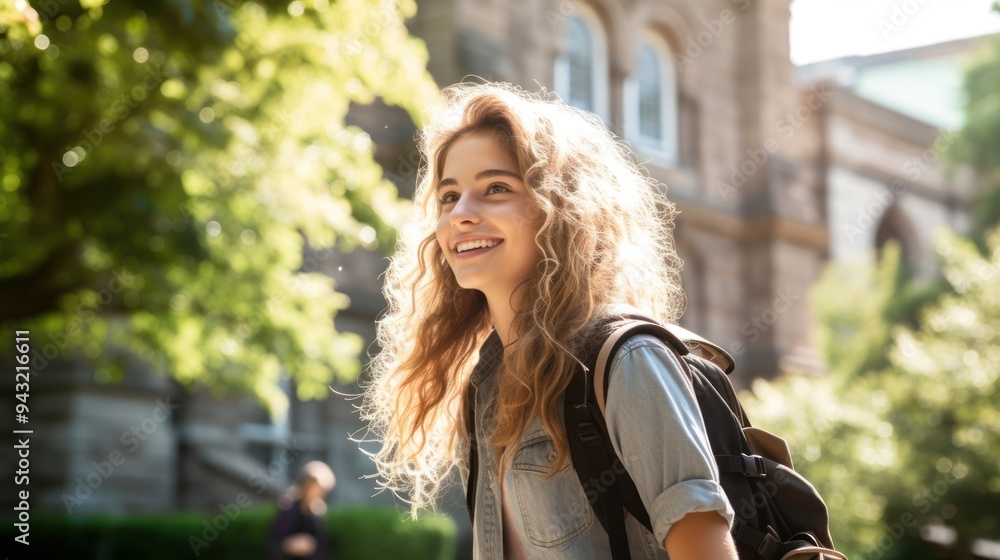 A cute and beautiful student walking through a university campus, A cute and beautiful student walking through a university campus,