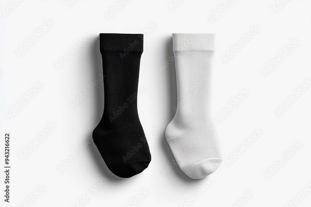 3D rendering of a blank plain white and black color tall socks mockup isolated on white background. 3D rendering of a blank plain white and black color tall socks mockup isolated on white background.