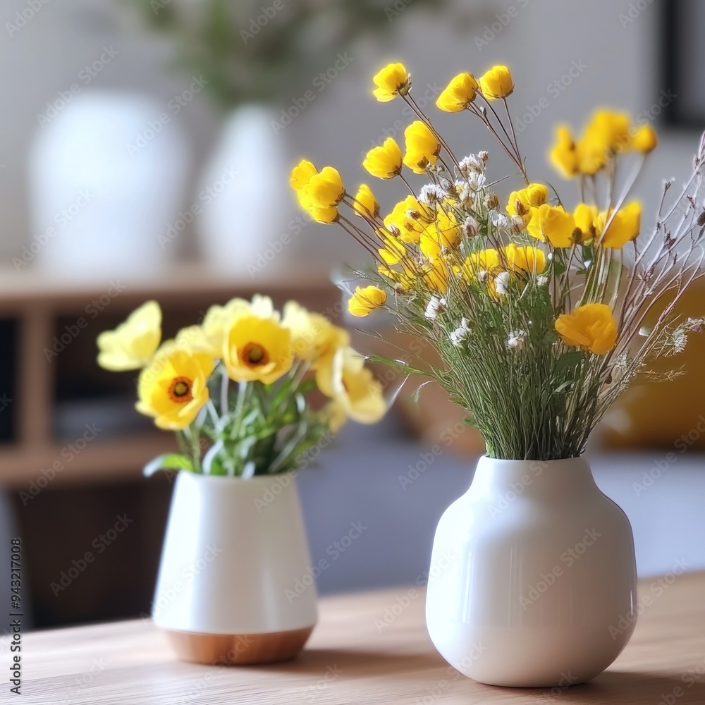Yellow Flowers in White Vases on Wooden Table Yellow Flowers in White Vases on Wooden Table