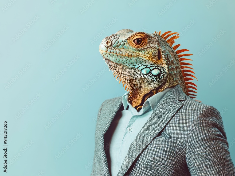 Dapper Man in Business Suit with Iguana Head on Solid Background for Text Space Dapper Man in Business Suit with Iguana Head on Solid Background for Text Space