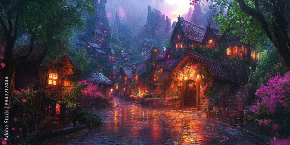 Fototapeta premium Rainy night in a fairytale village.