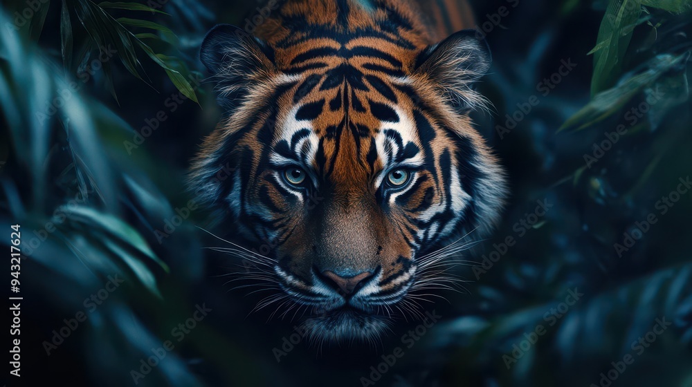 Tiger prowling through a dense jungle, with an intense and focused gaze, Intense, Cool Tones, Detailed Tiger prowling through a dense jungle, with an intense and focused gaze, Intense, Cool Tones, Detailed
