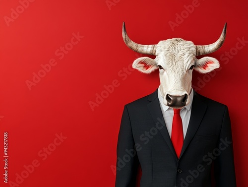 Elegant Businessman in Stylish Suit with Ox Head - Professional Business Concept with Copy Space Above