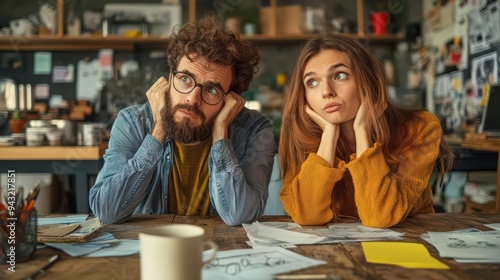 Couple sitting at table looking bored and tired.