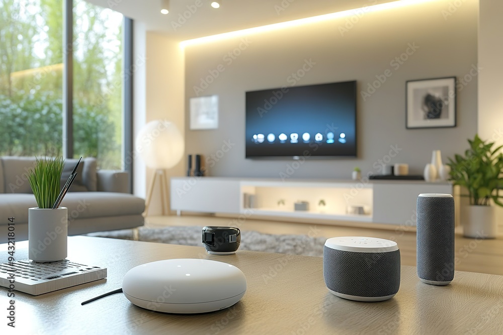 Modern smart home living room with connected devices Modern smart home living room with connected devices