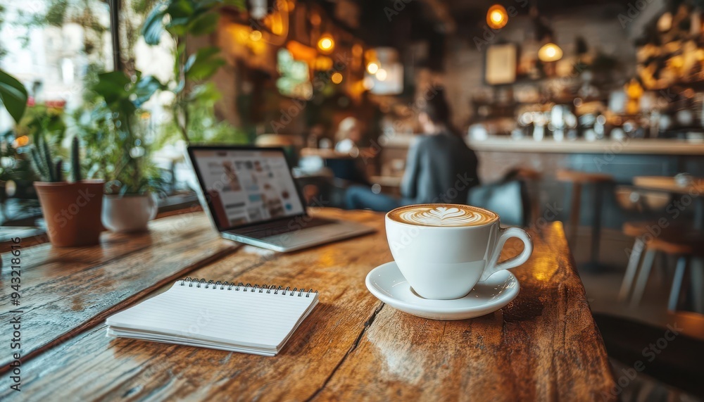 Young professional working on a laptop in a trendy cafe, with a coffee cup and notebook nearby, Focused, Bright, Detailed Young professional working on a laptop in a trendy cafe, with a coffee cup and notebook nearby, Focused, Bright, Detailed