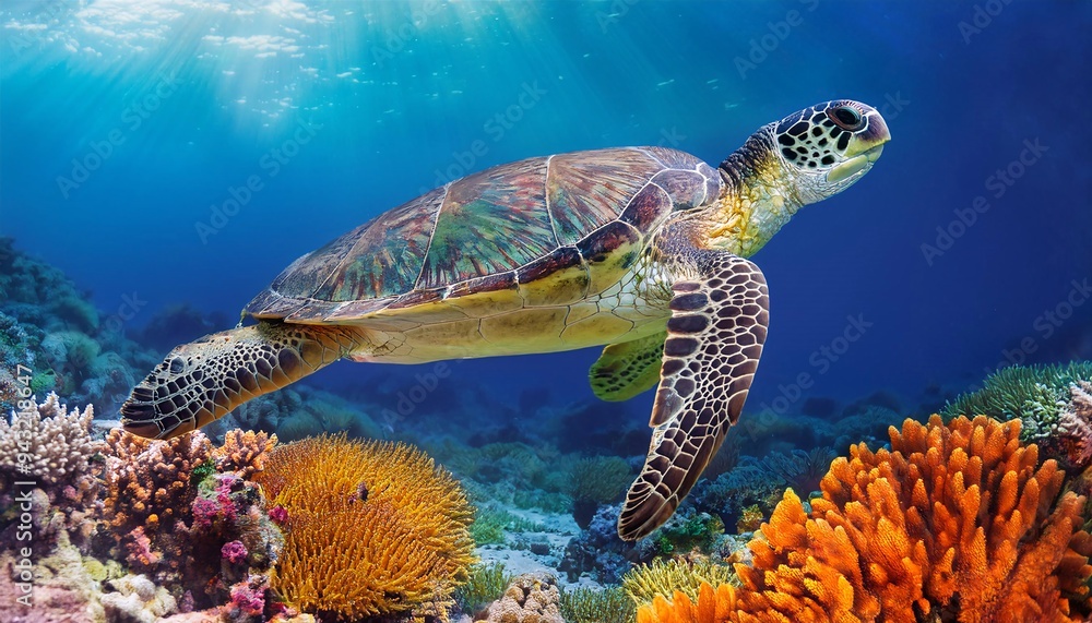 Stunning Image of a Green Sea Turtle Swimming in a Colorful Coral Red. turtle swimming in aquarium. Stunning Image of a Green Sea Turtle Swimming in a Colorful Coral Red. turtle swimming in aquarium.