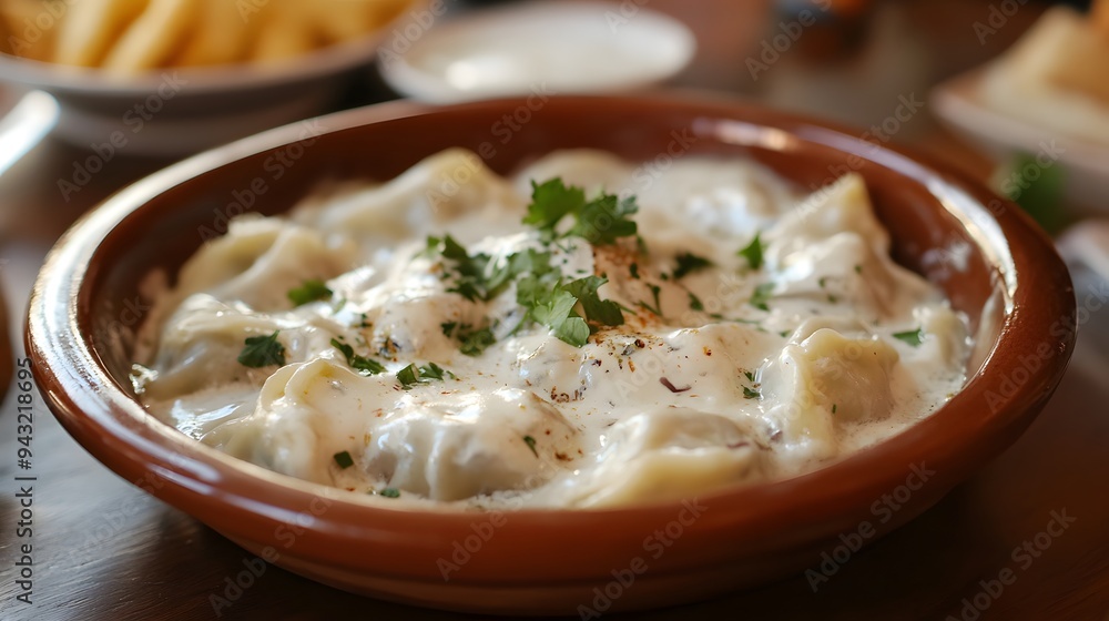87. A dish of Turkish manti (dumplings) with yogurt sauce 87. A dish of Turkish manti (dumplings) with yogurt sauce