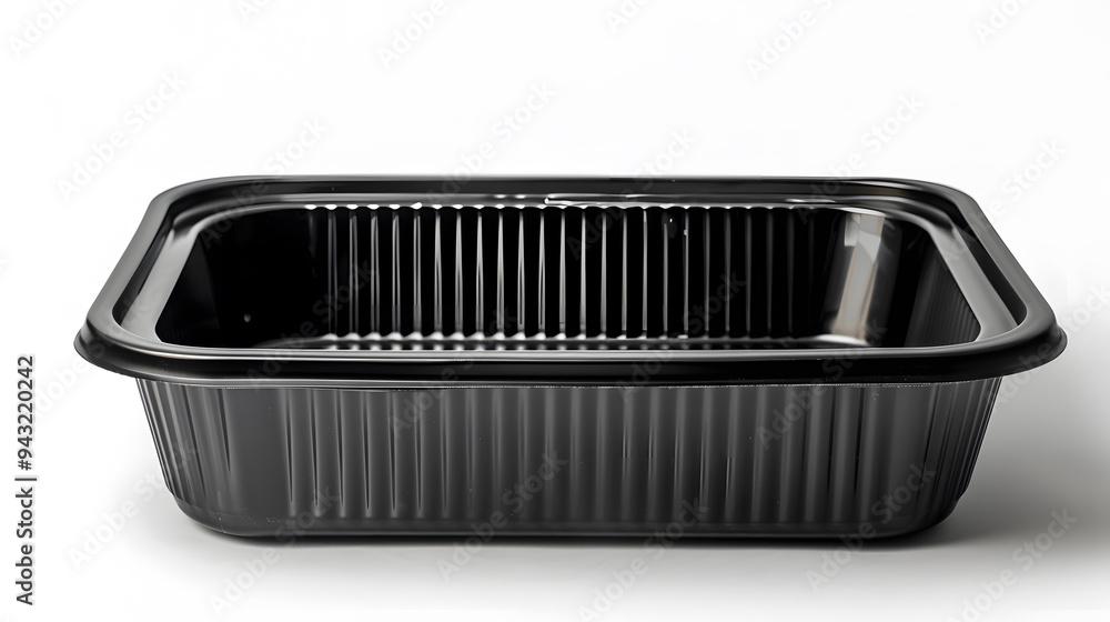 Black plastic rectangular container of Thai food isolated white background Black plastic rectangular container of Thai food isolated white background