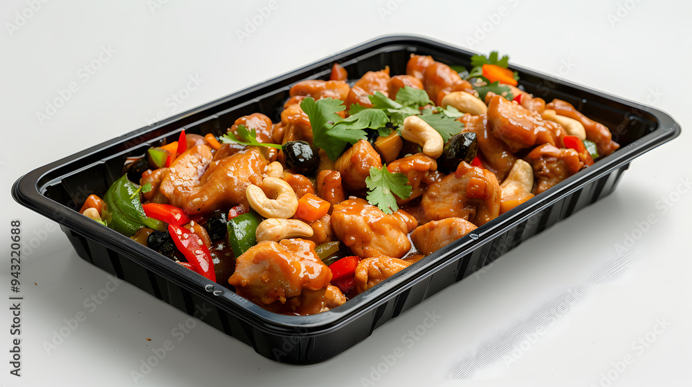 Black plastic rectangular container of Thai food isolated white background Black plastic rectangular container of Thai food isolated white background