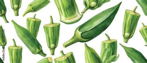 Green okra vegetable pattern background2