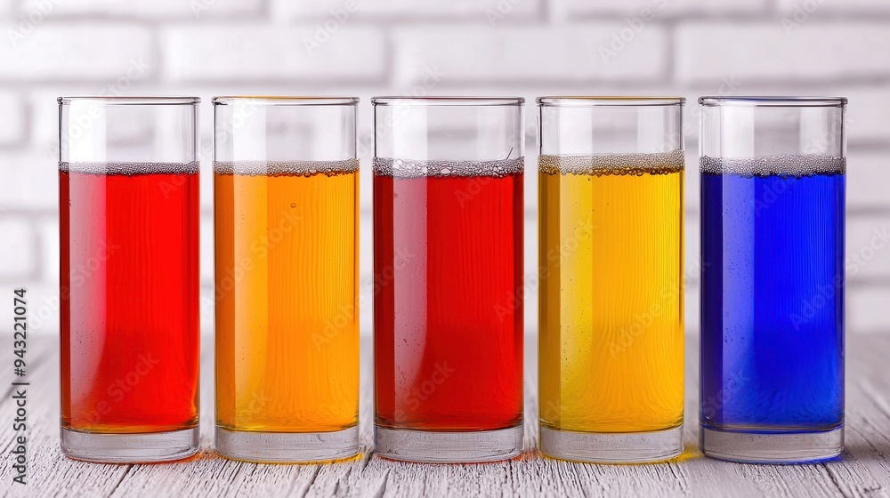 Colorful drinks in clear glasses arranged in a row, showcasing vibrant hues of red, yellow, and blue against a light backdrop. Colorful drinks in clear glasses arranged in a row, showcasing vibrant hues of red, yellow, and blue against a light backdrop.
