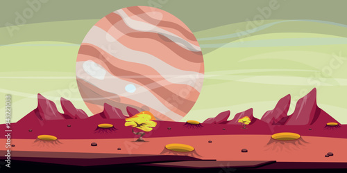Vector illustration of an amazing space landscape. Cartoon scene of a fantastic outer space with a giant planet, rocks, craters after the fall of meteoroids, stones, a tree with a twisted trunk.