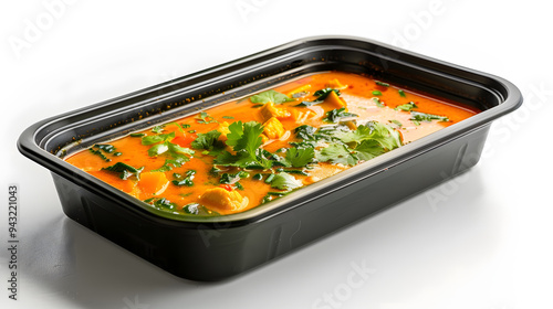 Black plastic rectangular container of Thai food isolated white background photo