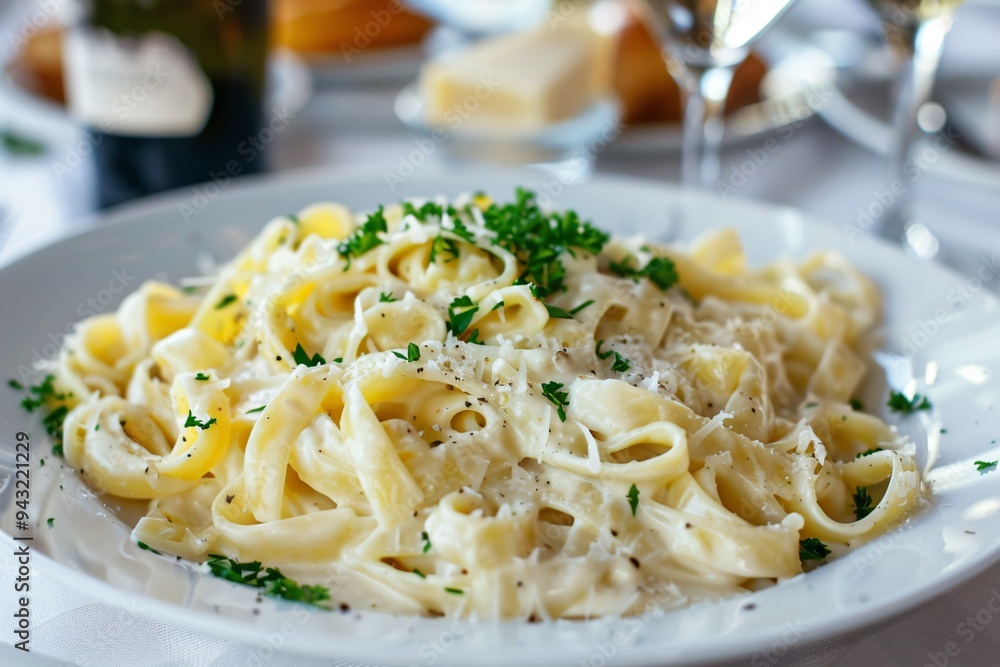 Elegant Italian Pasta Dish with Creamy Alfredo Sauce, Fresh Parsley, and Grated Parmesan in a Fine Dining Restaurant Setting Elegant Italian Pasta Dish with Creamy Alfredo Sauce, Fresh Parsley, and Grated Parmesan in a Fine Dining Restaurant Setting