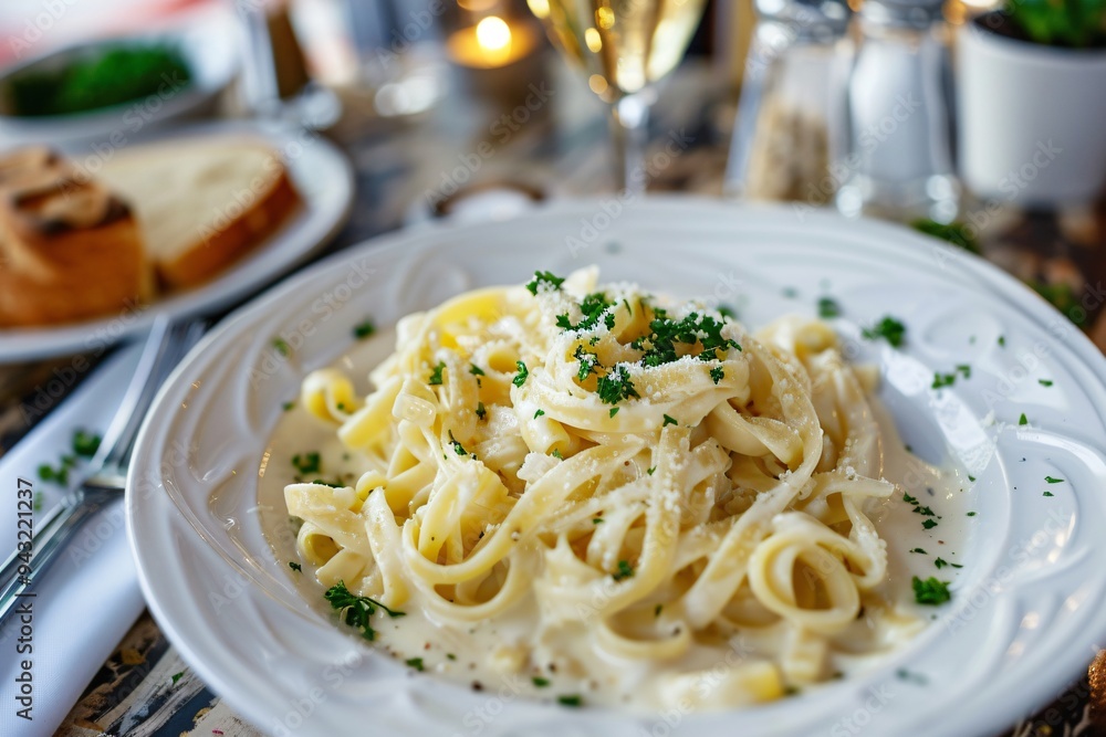 Elegant Italian Pasta Dish with Creamy Alfredo Sauce, Fresh Parsley, and Grated Parmesan in a Fine Dining Restaurant Setting Elegant Italian Pasta Dish with Creamy Alfredo Sauce, Fresh Parsley, and Grated Parmesan in a Fine Dining Restaurant Setting