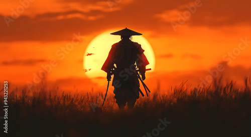 A Samurai Walks Towards the Setting Sun, Holding His Sword, in a Majestic and Inspirational Scene, Capturing the Warrior’s Determination and Poise Against a Dramatic Sunset Background, Perfect for Ill