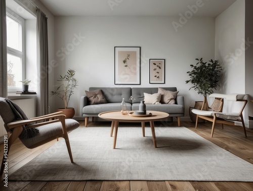 Minimalist Living Room with Grey Sofa, Wooden Coffee Table, and Plants