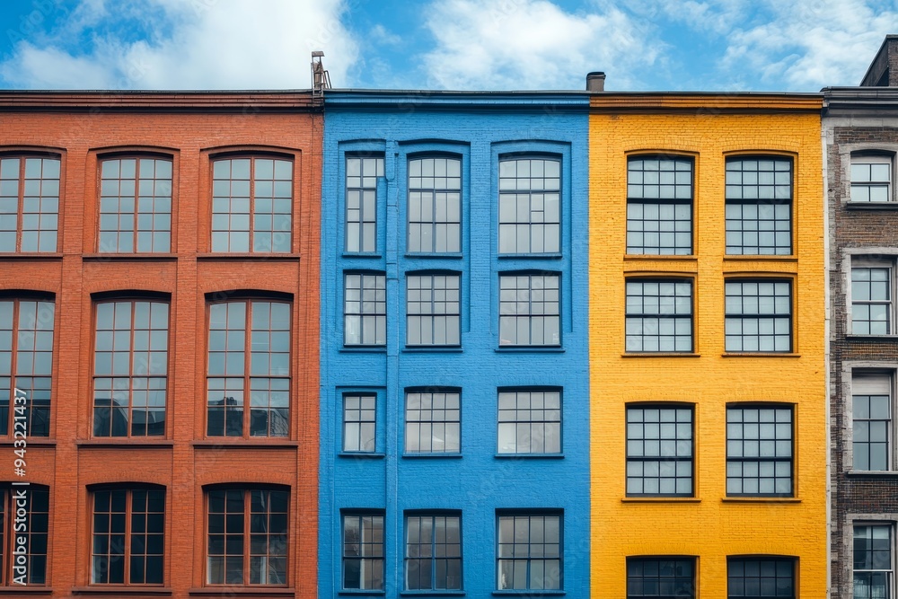 Obraz premium Colorful Facade of European Townhouses with Contrasting Red, Blue and Yellow Paint on Sunny Day