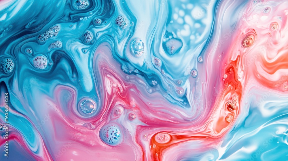 Vivid abstract background with swirling colors of blue, pink, and white, creating a dynamic and fluid artistic effect.