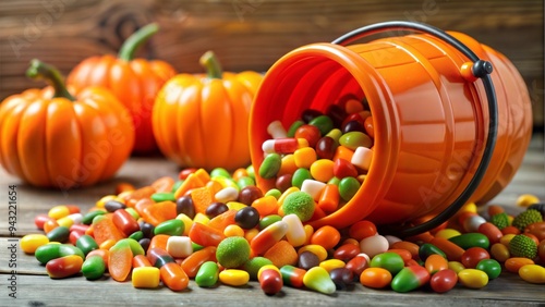 Spilled candy corn and pumpkins, festive Halloween treats