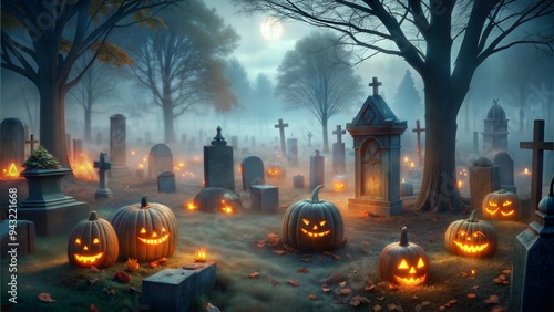Glowing jack-o'-lanterns in a misty graveyard, haunting Halloween scene