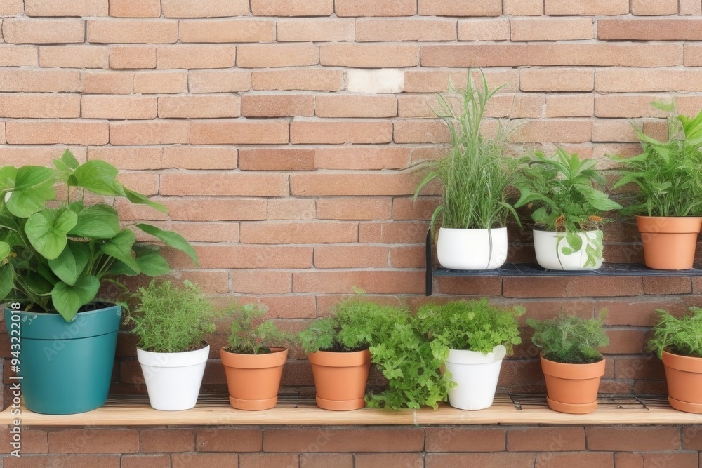 various houseplants exotic houseplants on a shelf against brick wall various houseplants exotic houseplants on a shelf against brick wall