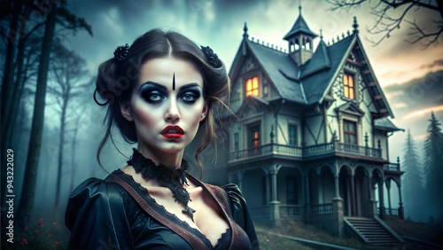 Sinister woman in a dark gothic gown standing in front of a haunted mansion