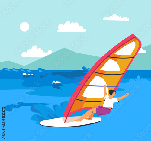 Windsurfing in Ocean Vector Art
