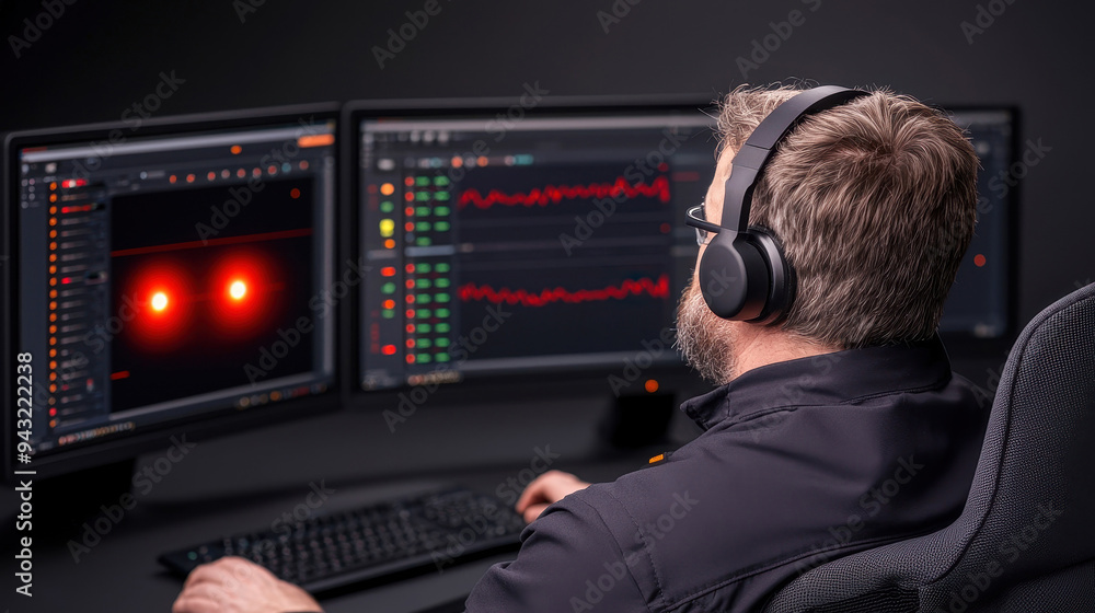 A professional sound engineer monitors audio levels using multiple screens and headphones in a modern workspace. A professional sound engineer monitors audio levels using multiple screens and headphones in a modern workspace.