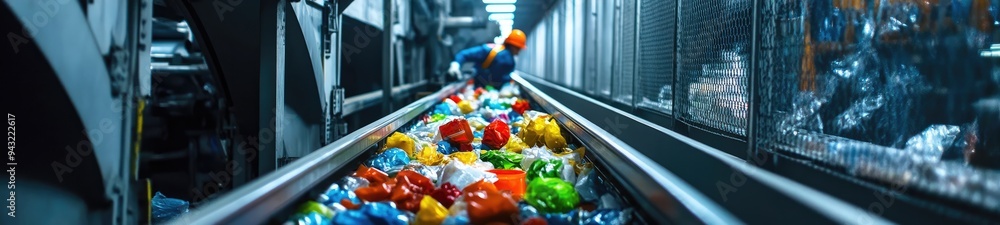 A conveyor belt that feeds plastic to workers who sort it by color A conveyor belt that feeds plastic to workers who sort it by color
