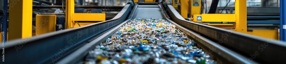 A conveyor belt that feeds plastic to workers who sort it by color A conveyor belt that feeds plastic to workers who sort it by color