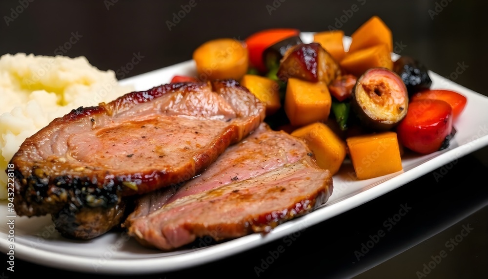 A plate of meat with a side of mashed potatoes and vegetables. The meat is cooked and seasoned perfectly, and the vegetables are roasted. A plate of meat with a side of mashed potatoes and vegetables. The meat is cooked and seasoned perfectly, and the vegetables are roasted.