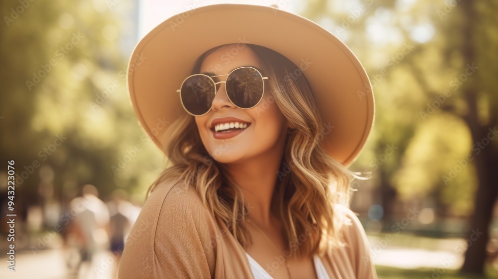A stylish chubby woman walking through a city park, A stylish chubby woman walking through a city park,