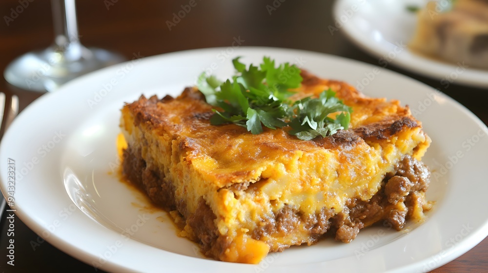 93. A plate of South African bobotie (curried meat dish) 93. A plate of South African bobotie (curried meat dish)