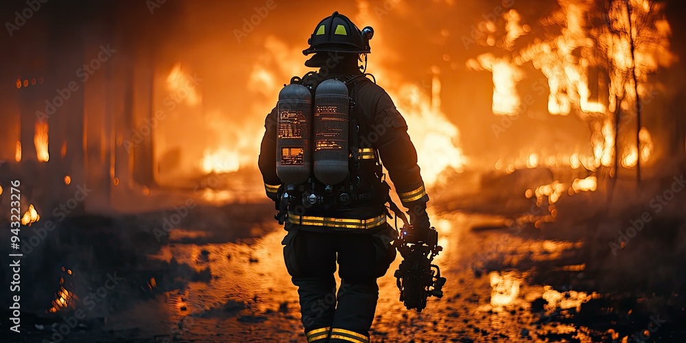 Firefighter walking through blazing inferno. Firefighter walking through blazing inferno.