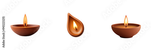 Three decorative diyas with burning flames, creating a warm and festive atmosphere. Ideal for cultural celebrations or meditation settings.