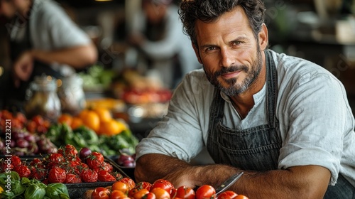 Smiling Man in Apron at a Farmers Market