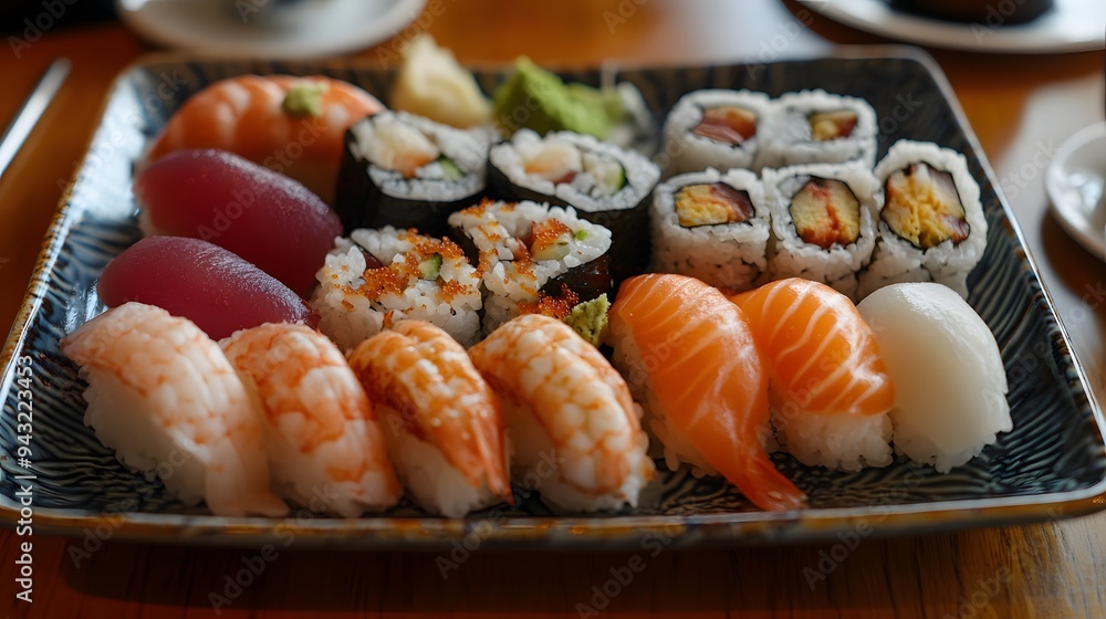 1. A plate of sushi with assorted rolls and sashimi 1. A plate of sushi with assorted rolls and sashimi