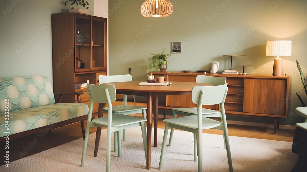A modern living room with a Scandinavian, mid-century interior design, a round wooden dining table with four mint-colored chairs in the middle of the room, a sofa with a mint and beige pattern. A modern living room with a Scandinavian, mid-century interior design, a round wooden dining table with four mint-colored chairs in the middle of the room, a sofa with a mint and beige pattern.