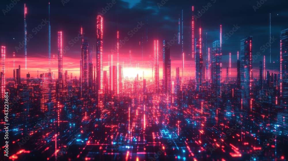 AI urban environment, digital networks, futuristic infrastructure, holographic technology. AI urban environment, digital networks, futuristic infrastructure, holographic technology.