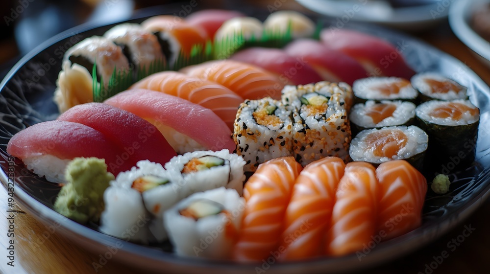 1. A plate of sushi with assorted rolls and sashimi 1. A plate of sushi with assorted rolls and sashimi