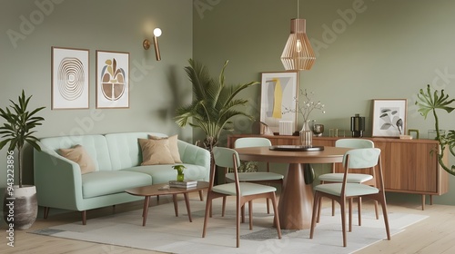 A Scandinavian mid-century home interior design of a modern living room with a mint color sofa and chairs positioned around around wooden dining table. 