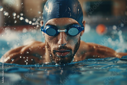 Motivated person swimmer learning swim sport, racing competition swimming challenge pool, Generative AI