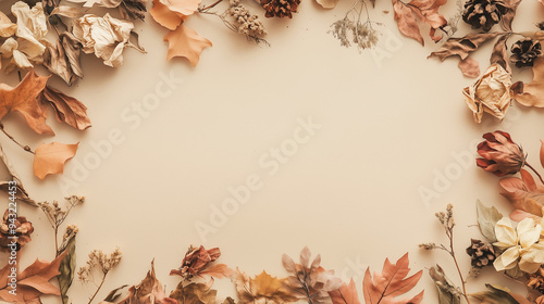 Autumn composition. Dried flowers and leaves on pastel beige tones. Autumn, fall concept. Flat lay, top view, copy space.