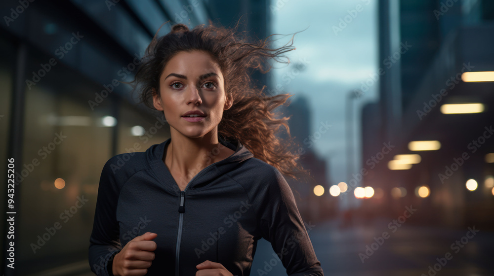 A young woman jogging on a city street A young woman jogging on a city street