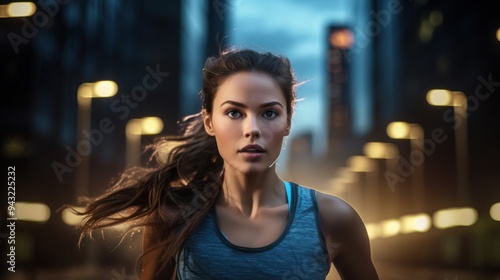 A young woman jogging on a city street  photo