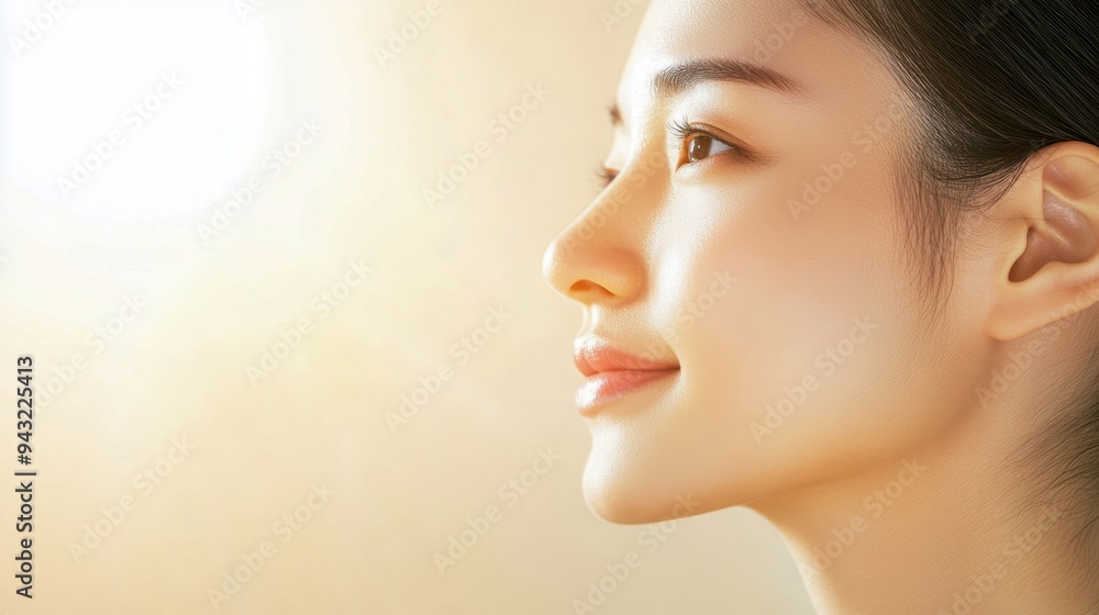 A serene profile of a young woman basking in soft sunlight, embodying tranquility and grace. A serene profile of a young woman basking in soft sunlight, embodying tranquility and grace.