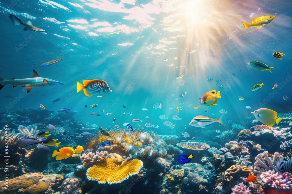 Fototapeta Underwater - Blue Tropical Seabed With Reef And Sunbeam. Beautiful simple AI generated image