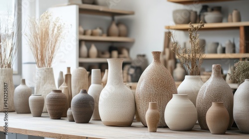 workshop-studio with pottery vases. variety and ideas of ceramic vases in a pottery studio